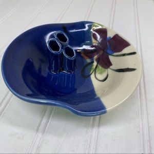 Follette  Art Clay pottery blue & cream  floral vase